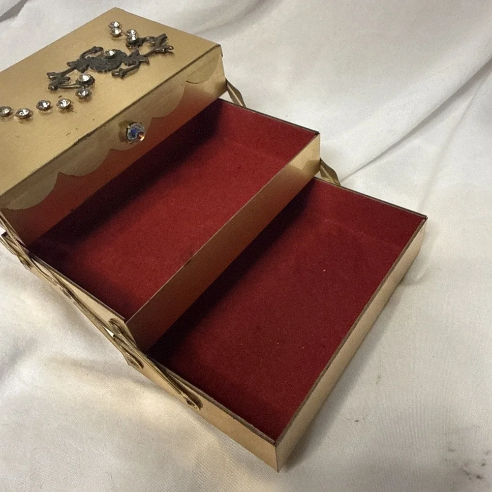 Vintage Brass Travel Rhinestone Jewelry Box Gold Tone New York Regency Fold